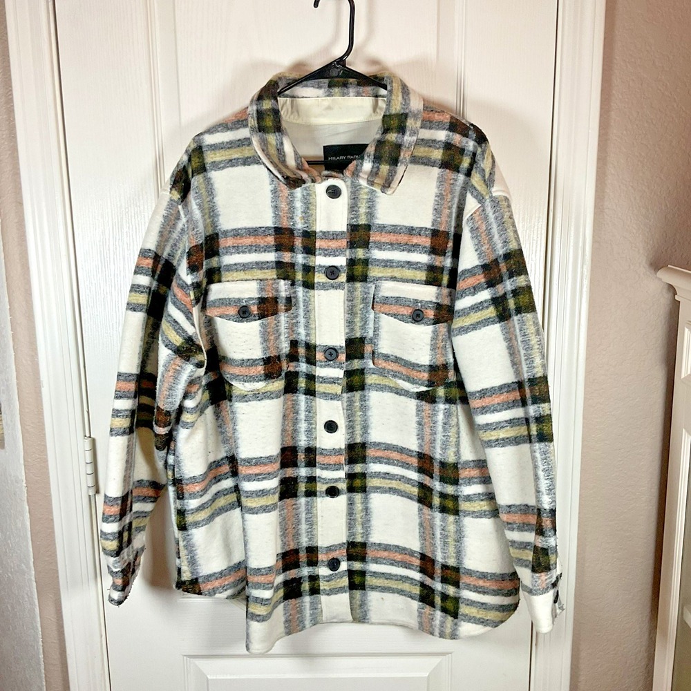 Hilary Radley Women's Oversized Jacket 2XL Ivory/Black/Mauve Plaid Wool Blend Bu
